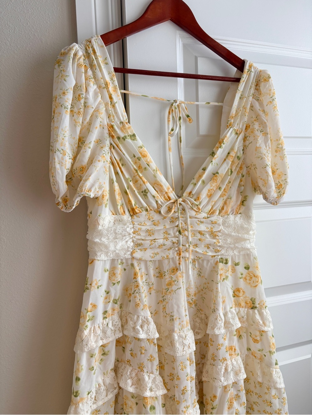 Altar'd State XL White and Yellow Floral Lace-Tier Dress mini ruffles - Picture 4 of 9